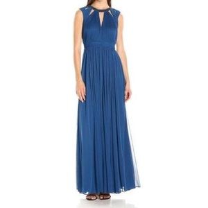 Blue bead neck shirred evening prom/formal gown